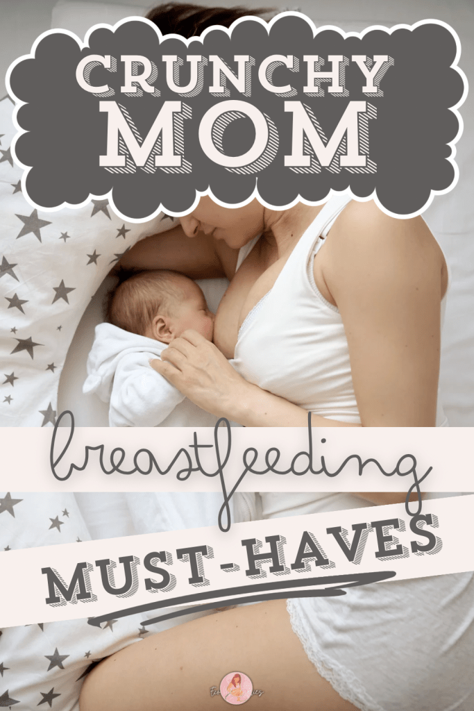 A Pinterest pin with an image of a woman breastfeeding on a bed