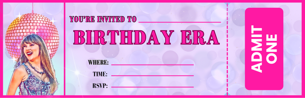 Taylor swift eras tour ticket style birthday invitation with admit one on the edge