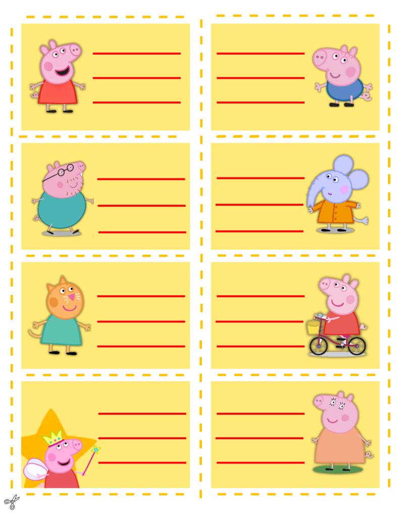 Peppa pig printable lunch notes blank yellow background and Peppa pig characters