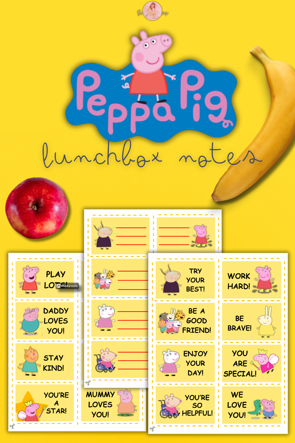 Peppa Pig Lunch Notes Pinterest pin With yellow background and Peppa pig logo and printable sheets