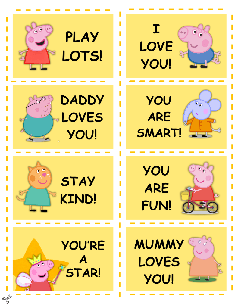 Peppa Pig printable sheet of 8 messages yellow background Peppa pig characters