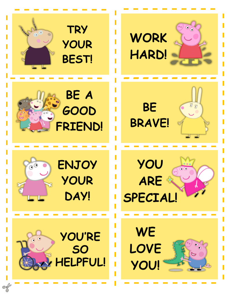 Peppa Pig lunchbox notes with yellow background, prewritten messages and Peppa pig friend characters