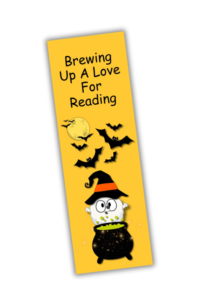Bluey bookmark with Pom Pom on the front dressed as a witch for Halloween brewing a potion