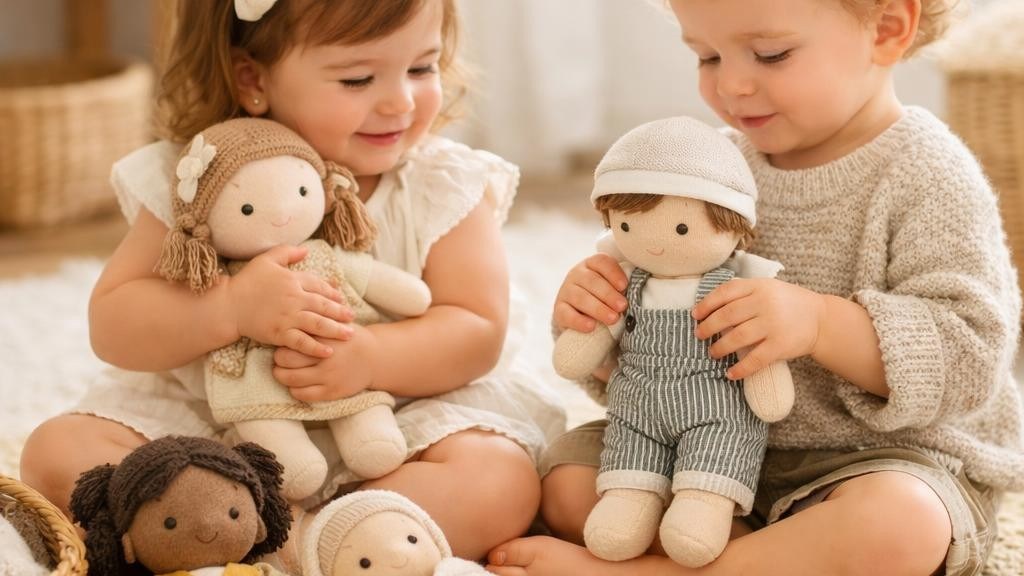 Two toddlers sitting on a rug, each holding a soft handmade doll