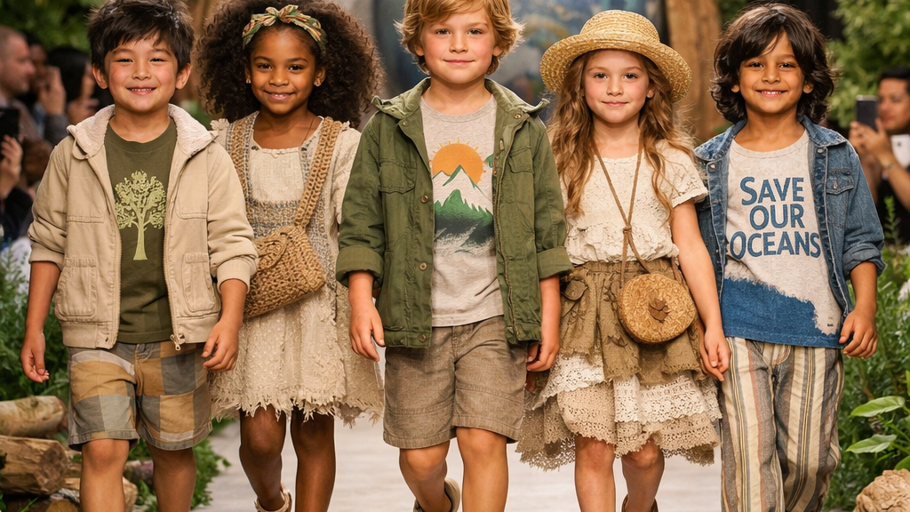 Five children walking on a runway wearing environmentally themed clothing